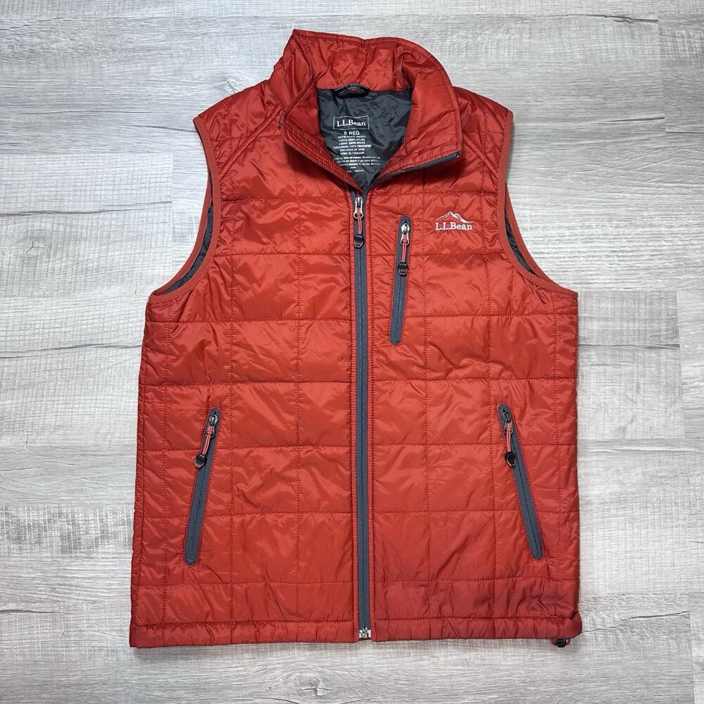 LL Bean Vest Men's Small Orange Quilted PrimaLoft Packaway Nylon Puffer Full Zip